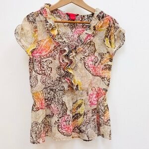 Sunny Leigh Y2K Sheer Crinkle Chiffon Ruffle Peplum Top Paisley Cream Multi PL